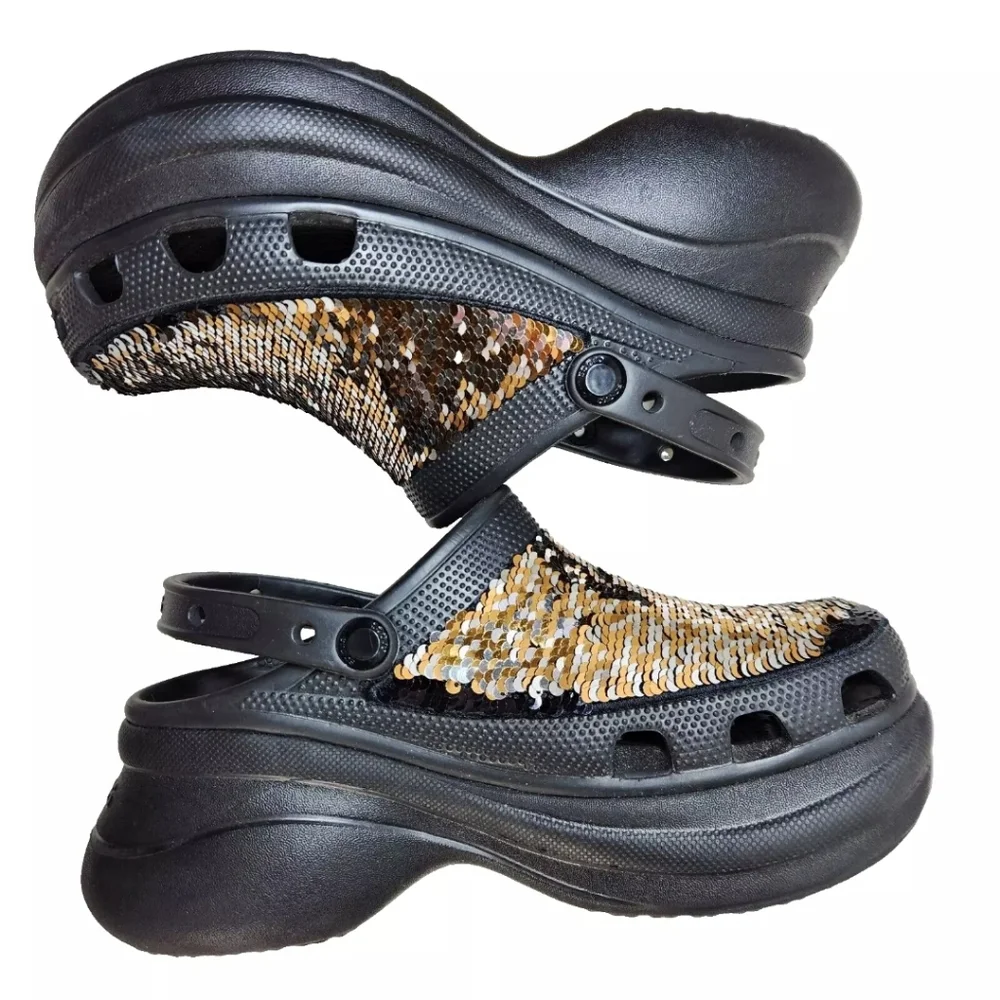 CROCS Classic Bae Silver Gold Sequin Platform Clog Sz 9 Black Multi - Picture 9 of 14